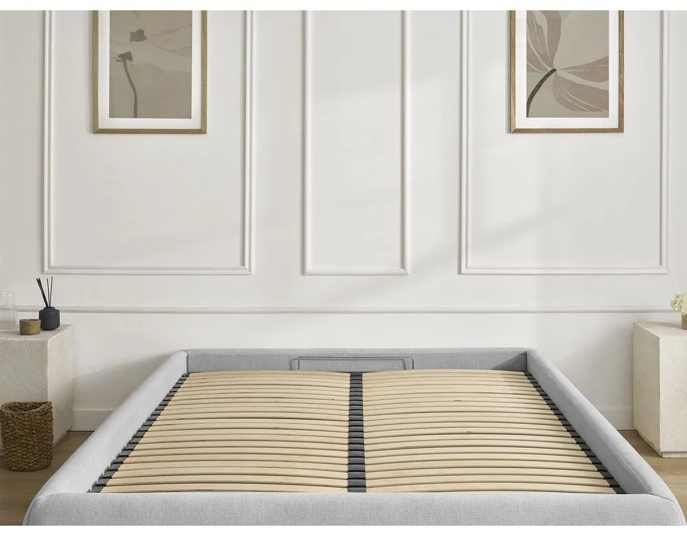 Светлосиво тапицирано двойно легло без табла с място за съхранение и включена подматрачна рамка 160x200 cm Inera – Bobochic Paris