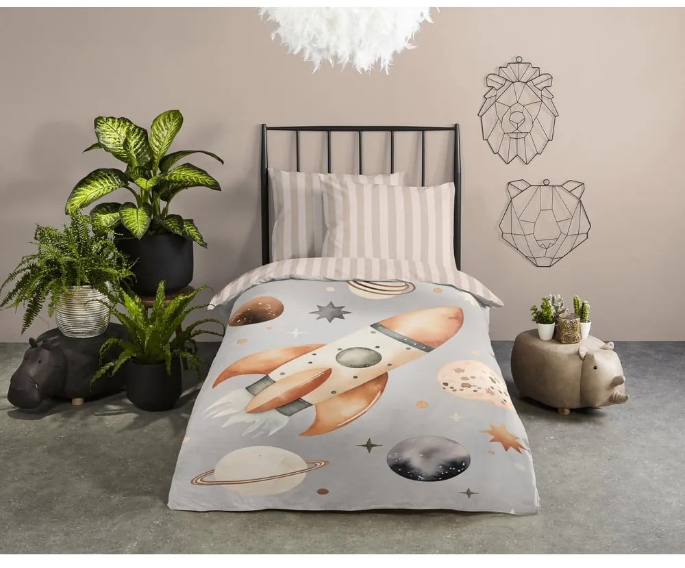 Сиво-бежово единично памучно детско спално бельо 140x200 cm Explore – Good Morning