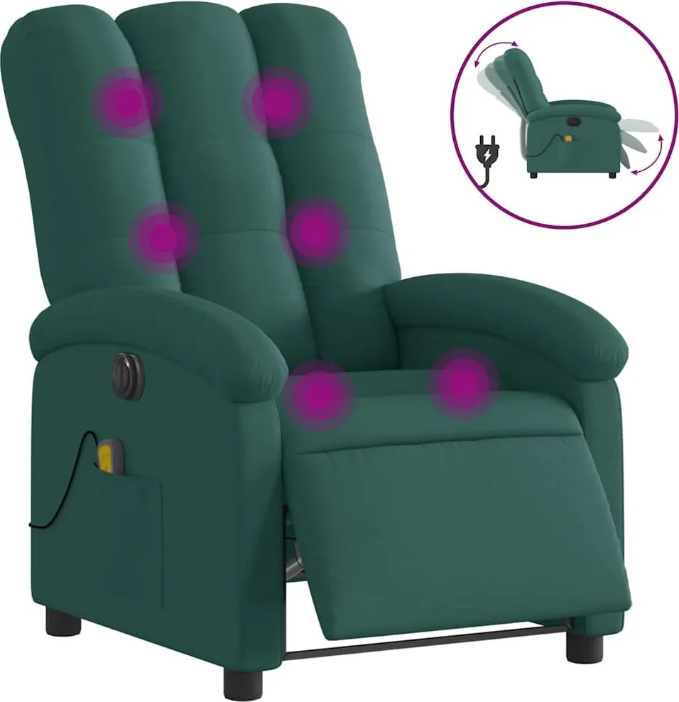 3204086 vidaXL Електрически масажен наклоняем стол, тъмнозелен, текстил