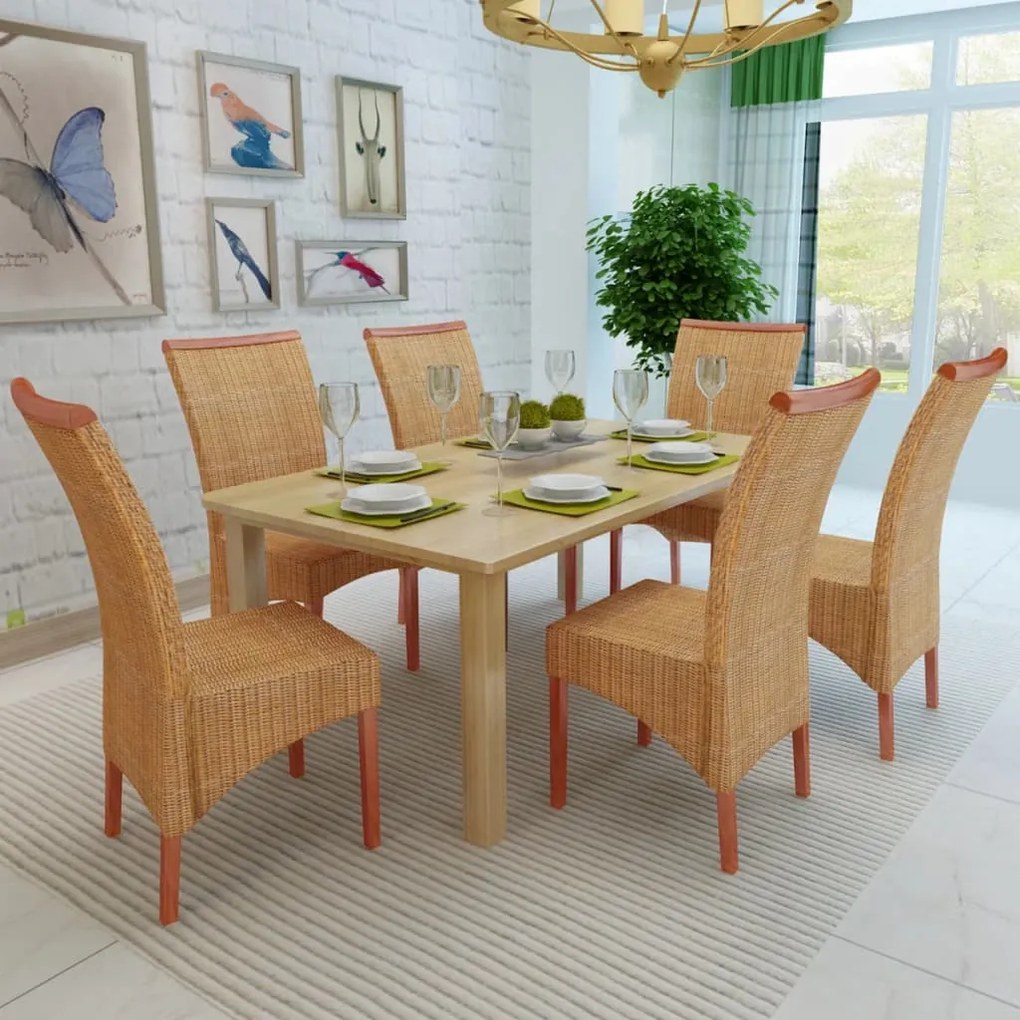 274203 vidaXL Трапезни столове, 6 бр, кафяви, естествен ратан