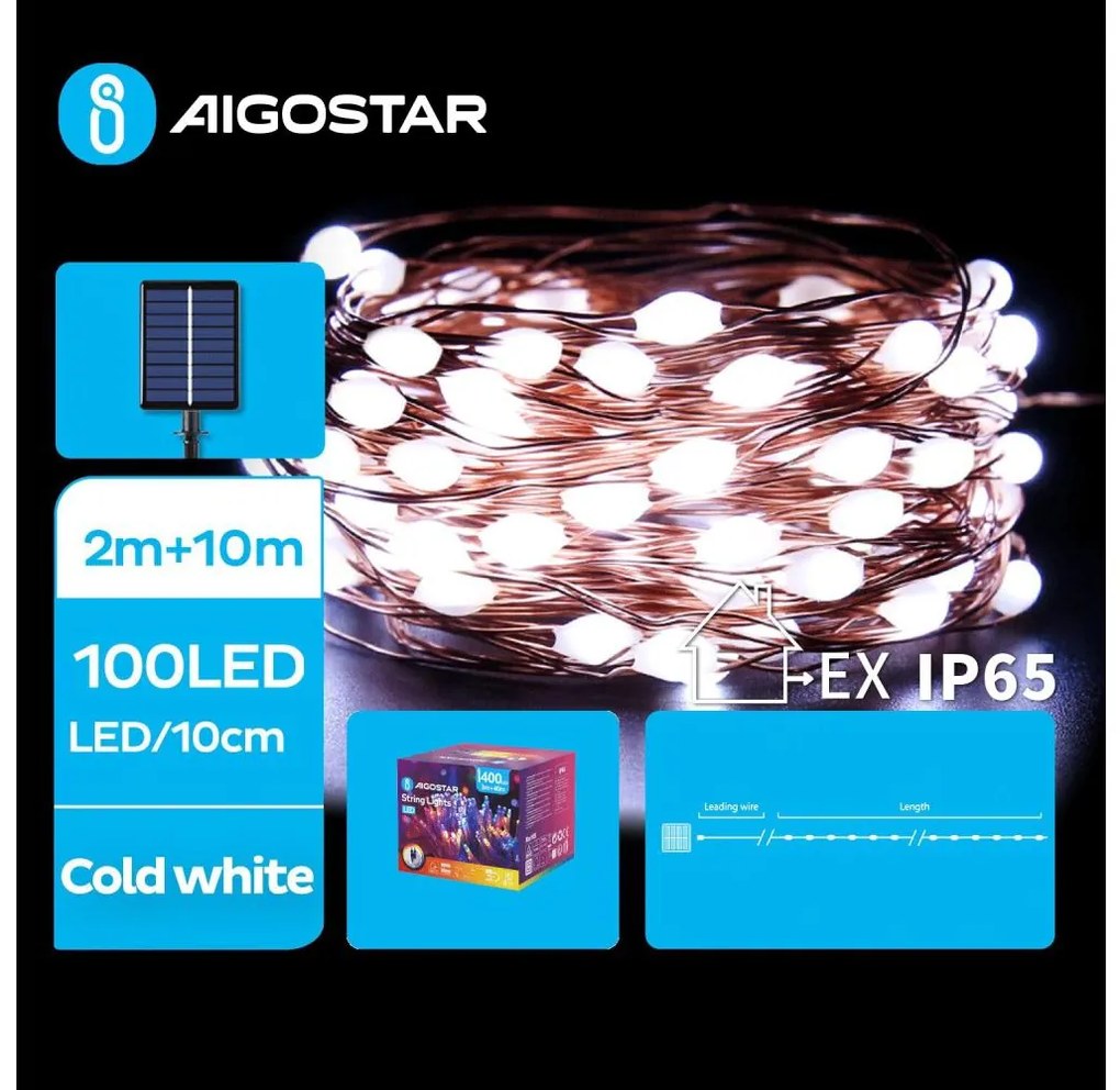 Aigostar - LED Соларни коледни лампички 100xLED/8 функции 12 м IP65 студено бял