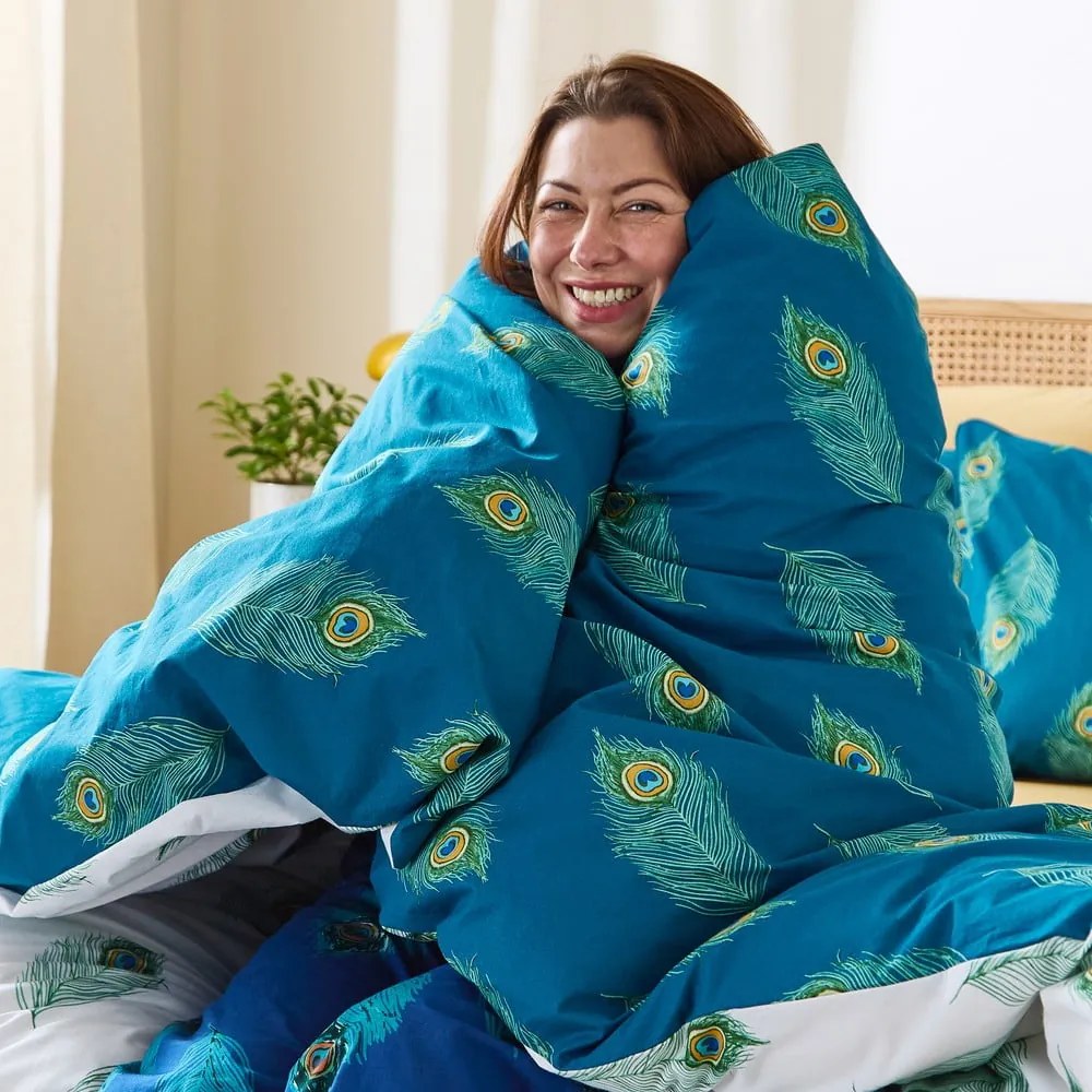 Бяло-тюркоазено двойно памучно спално бельо 200x200 cm Peacock Feather – Their Nibs