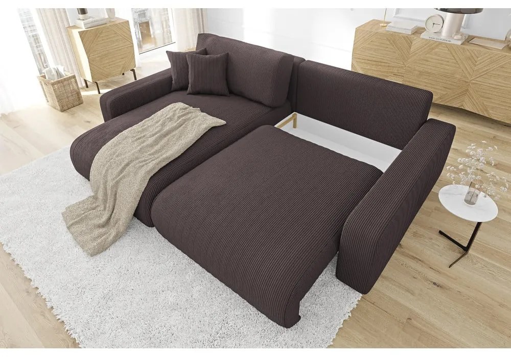 Кафяв разтегателен ъглов диван от рипсено кадифе (променлив) Sara – Ropez