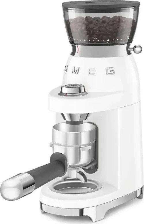 Кафемелачка Smeg CGF03WHEU, 150W, 240 г, Система за завъртане и заключване, Ръчна функция, Бял