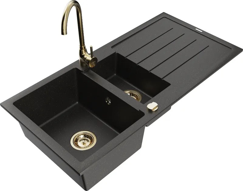 Mexen Andres гранитна мивка с 1,5 камери с отцедник и кухненски смесител Telma, черен/златен - 6515-75-670200-50