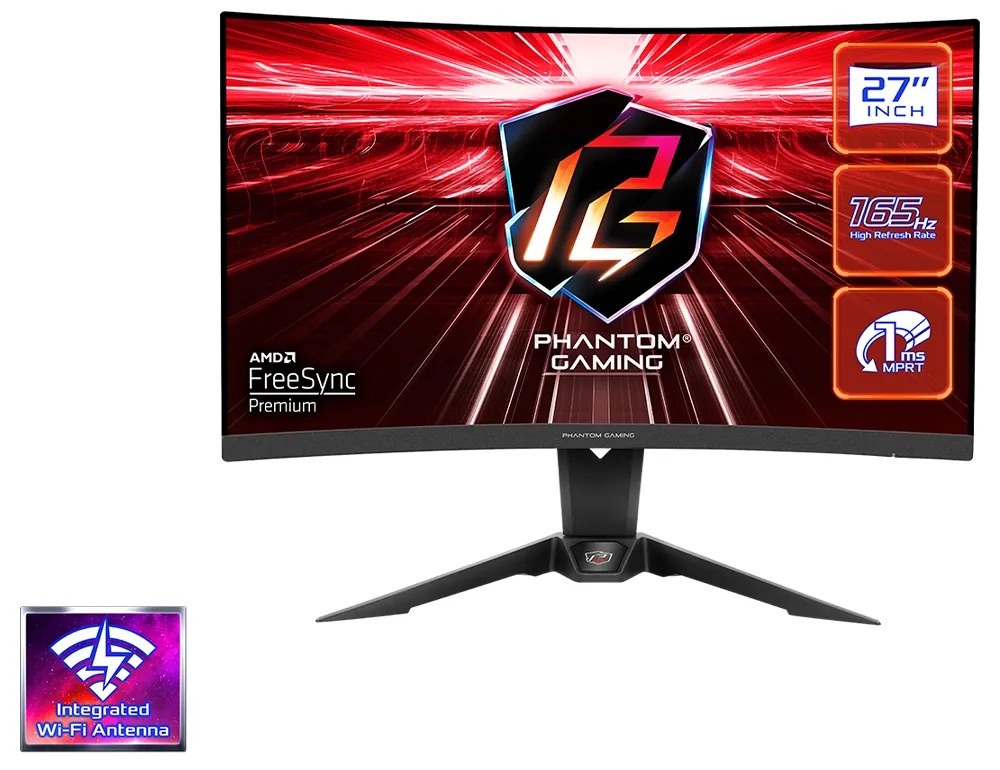 Asrock Curved Gaming Monitor, 27" QHD(2560x1440) 1500R VA, AG, 165 Hz, 110% sRGB, 4000:1, 550 cd/m², 178º/178º, 1ms (MPRT), Flicker-free, Hight, Swivel, Tilt Adjustment 2x 2W Speakers, 2x HDMI, 1x DP, 1x Audio, Wi-Fi Antenna, 3Y