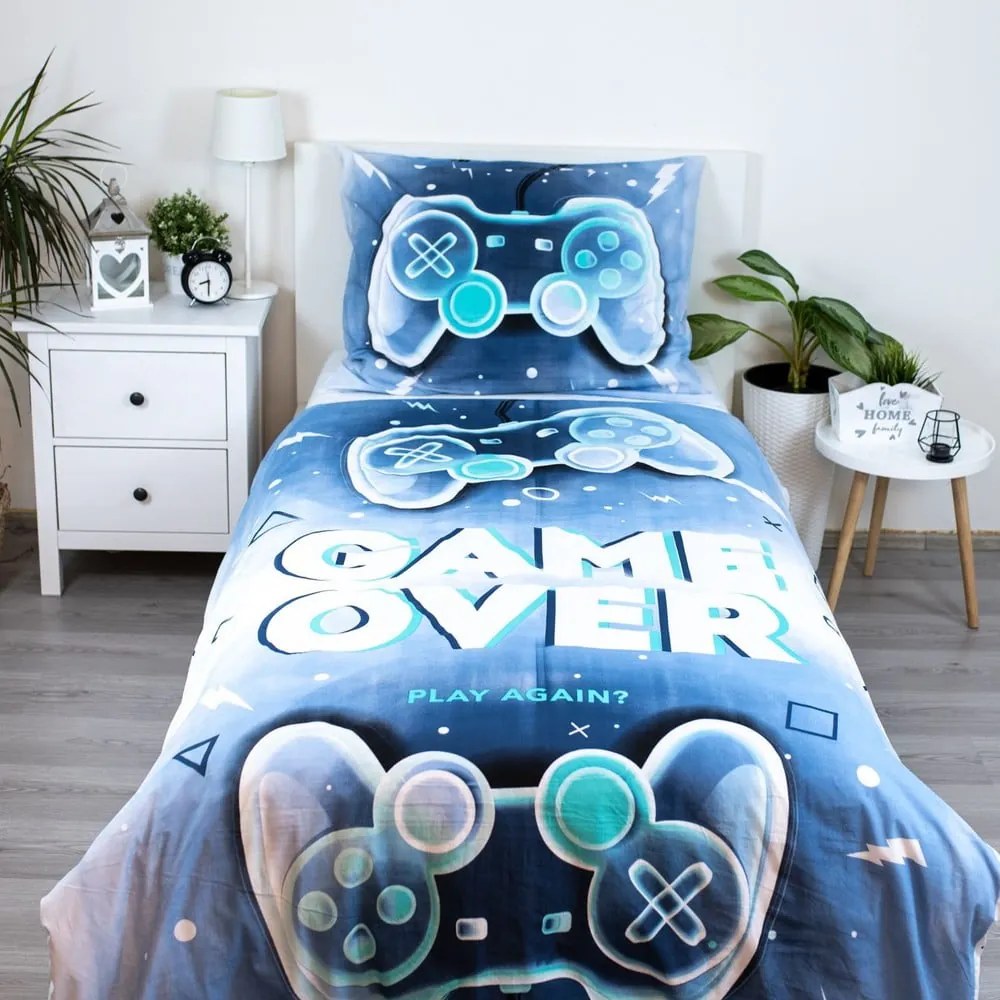 Единично памучно детско спално бельо в бял и син цвят 140x200 cm Game over – Jerry Fabrics