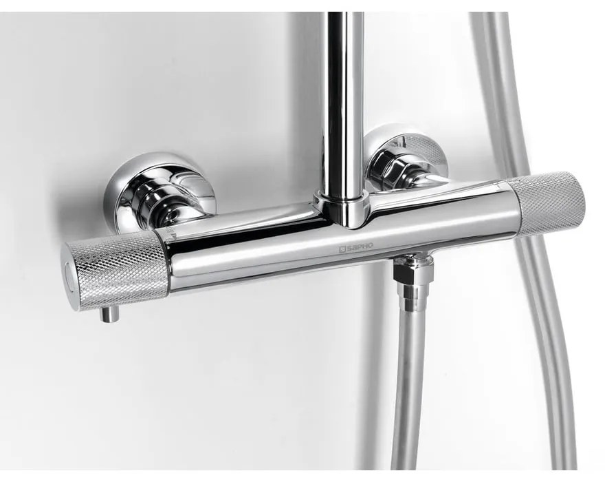 Месингов душ комплект в лъскаво сребристо с термостатен смесител с душ глава и ръчен душ 131 cm Solaris – Sapho