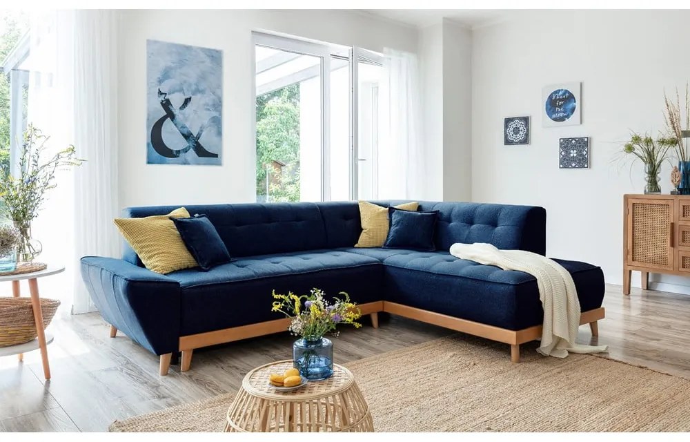 Морскосин ъглов разтегателен диван десен ъгъл Dazzling Daisy - Miuform