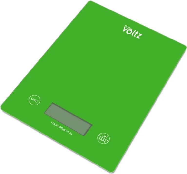 Кухненска везна Voltz OV51651K, 5 кг, 2x AAA батерии, LCD дисплей, Tara, Неплъзгащи се крачета, Зелен