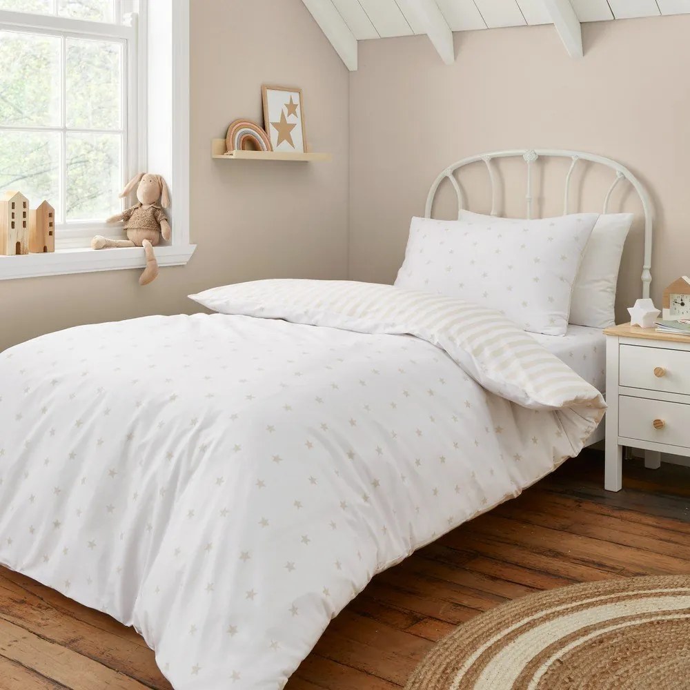 Бяло-бежово единично памучно детско спално бельо 135x200 cm Mini Star & Stripes – Bianca