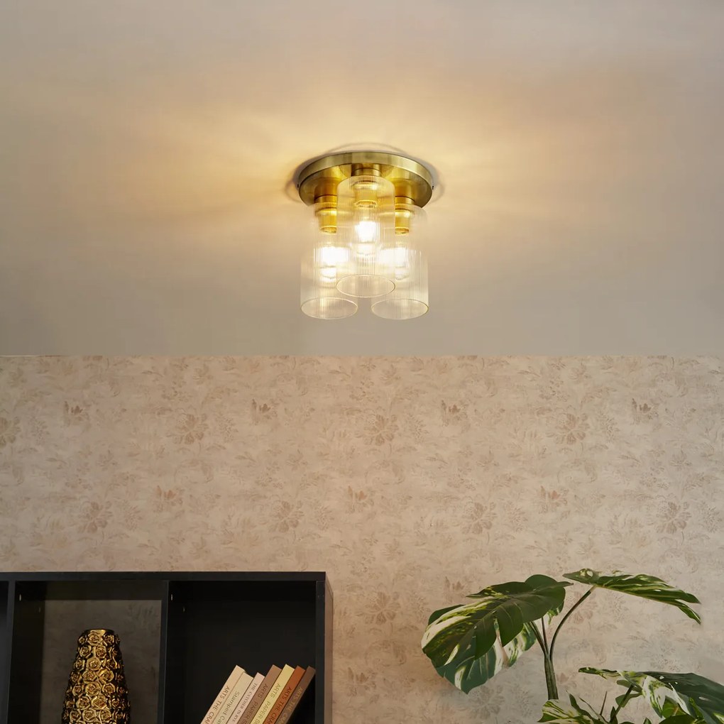 Таванна лампа в стил арт деко златиста със стъкло 3-светлина - Laura