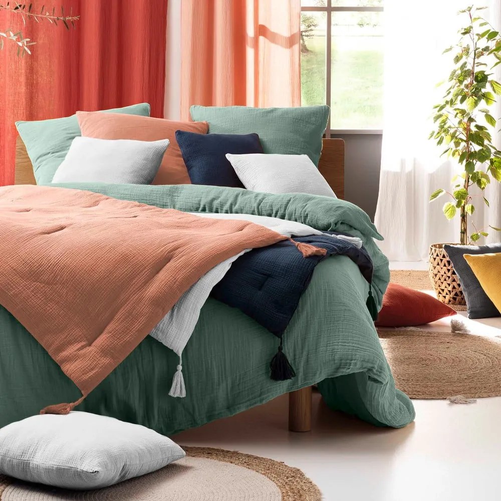 Светлозелено удължено муселиново спално бельо за двойно легло 240x260 cm Angelia – douceur d'intérieur