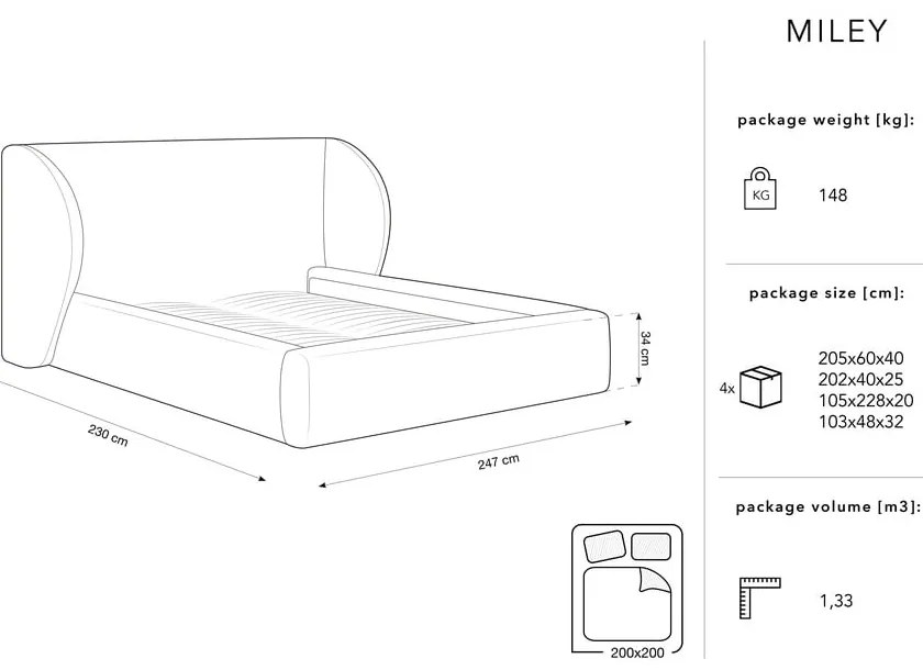 Бежово тапицирано двойно легло с място за съхранение с решетка 200x200 cm Miley - Micadoni Home
