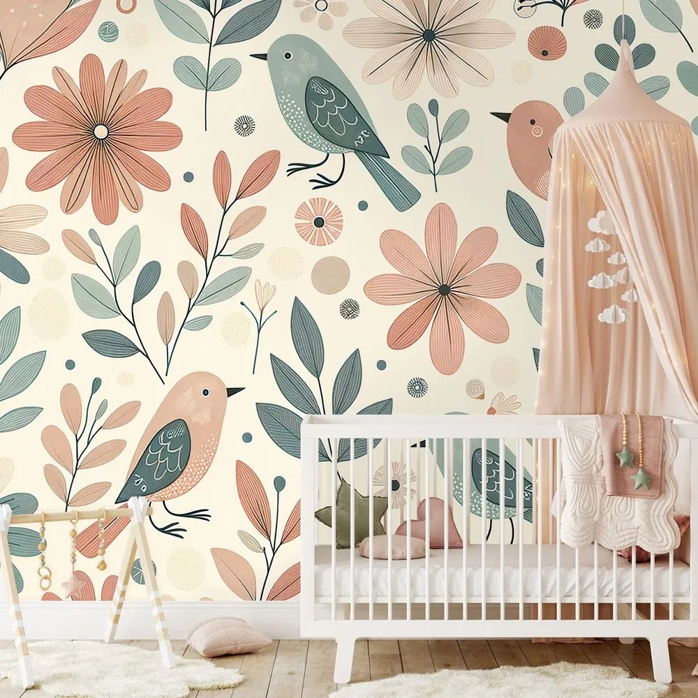 Фототапет – Пастелни птички и цветя