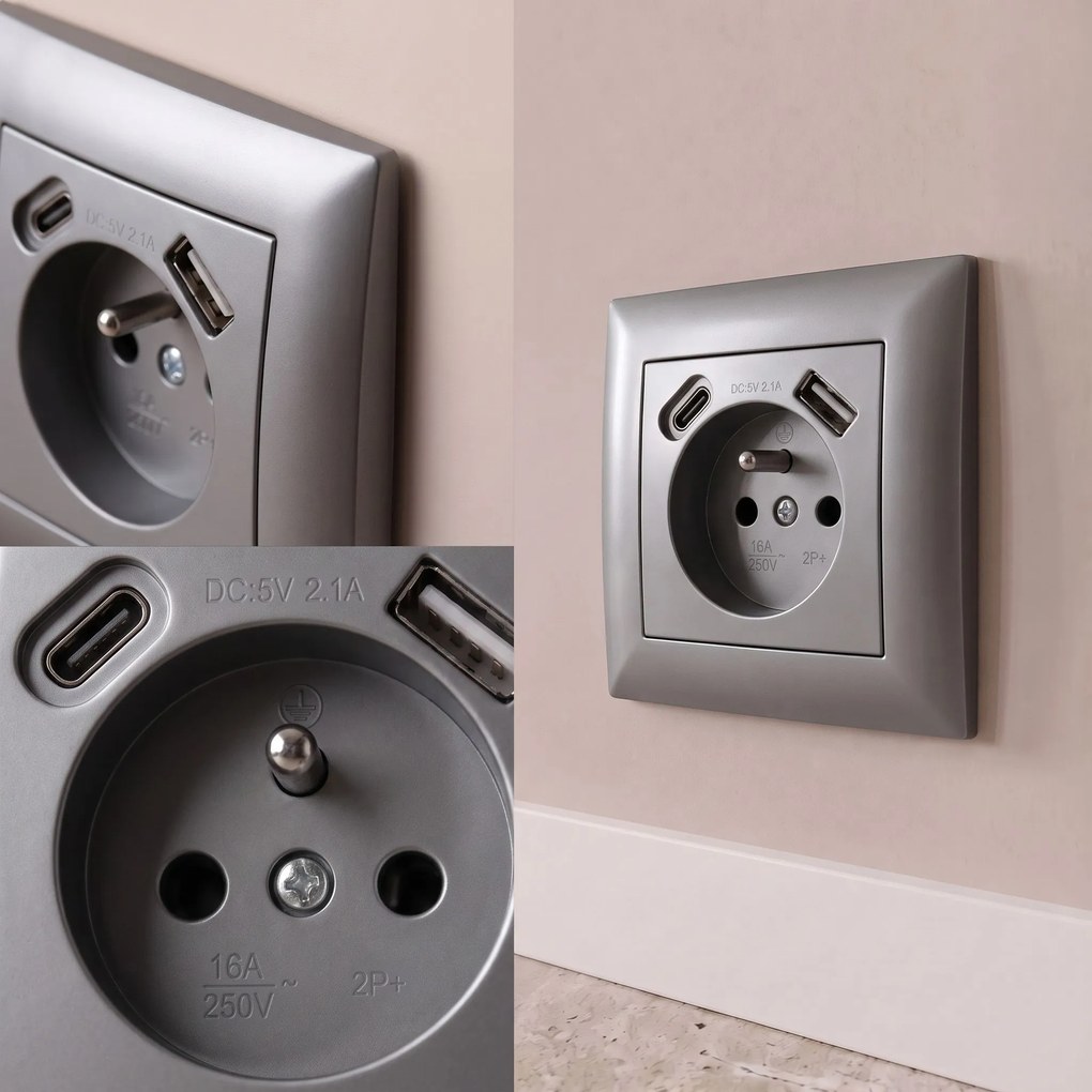 Единичен контакт със заземяване + USB-A USB-C OSTE JNH004-G Grey