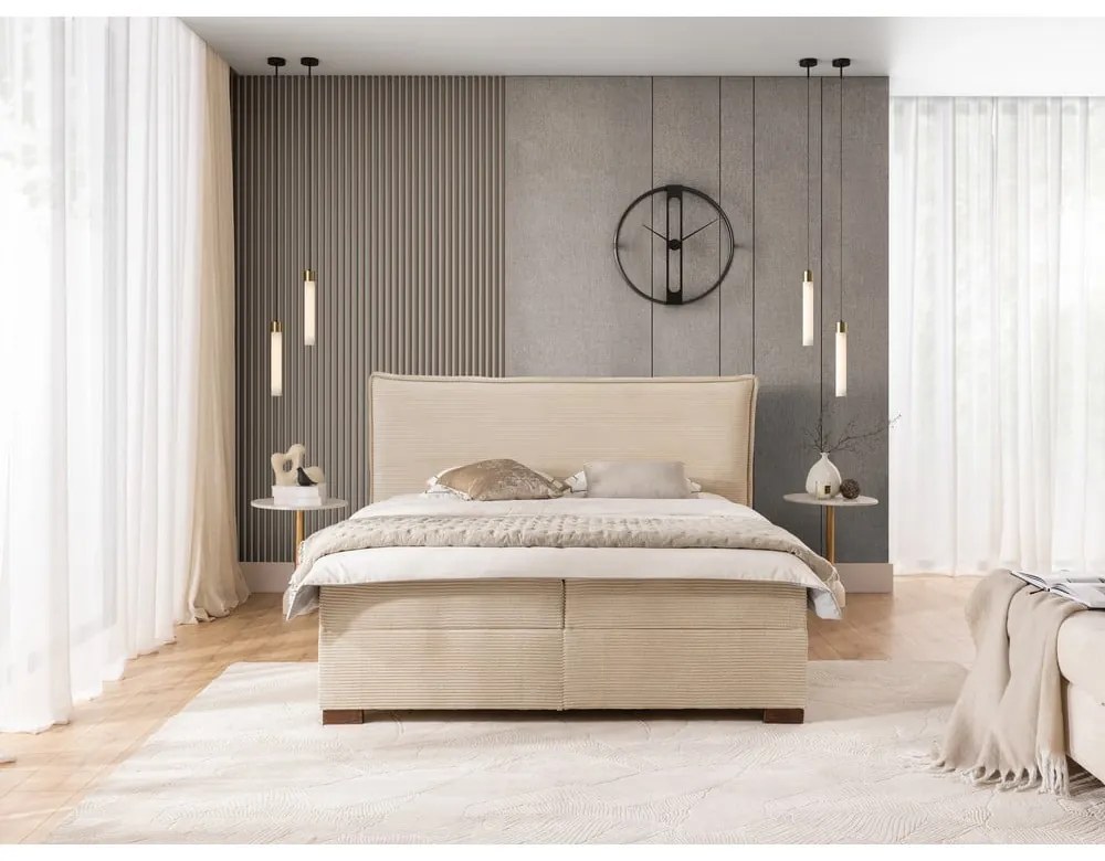 Бежово боксспринг легло с място за съхранение 160x200 cm Lysa – Ropez