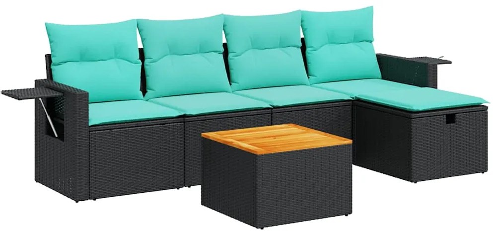 3325809 vidaXL Градински диван с възглавници, 6 части, черен, полиратан