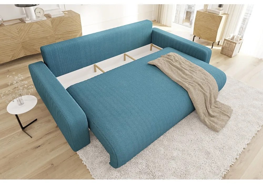 Тюркоазен разтегателен диван с място за съхранение от рипсено кадифе 234 cm Sara – Ropez