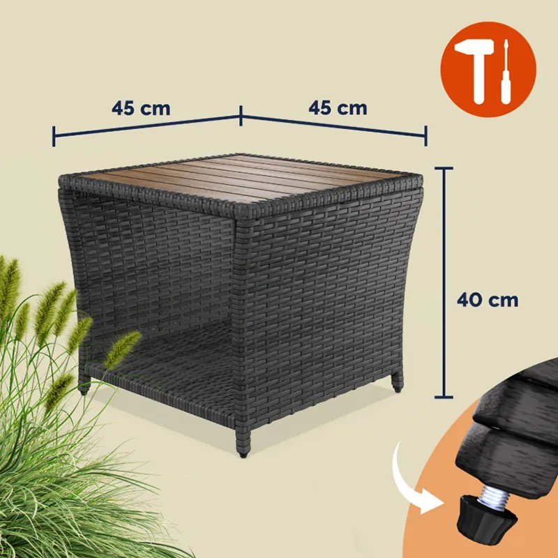 Странична маса от полиротанг с плот от акациева дървесина 45 × 45 cm Сив