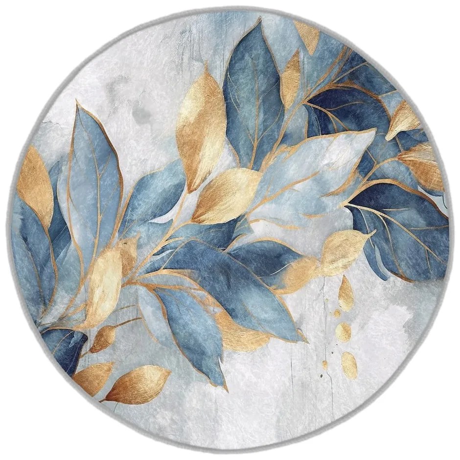 Синьо-златист кръгъл килим подходящ за пране ø 100 cm Golden Leaves – Mila Home