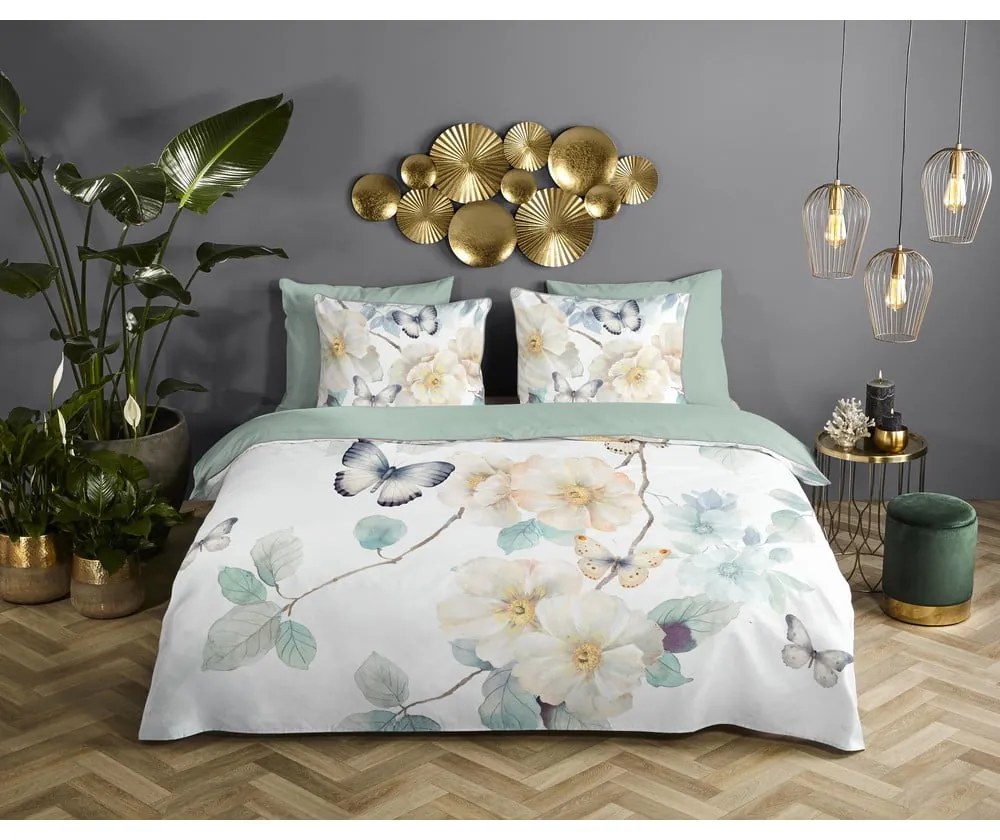 Бяло-зелено двойно удължено спално бельо от памучен сатен 200x220 cm Adiwanya – Descanso