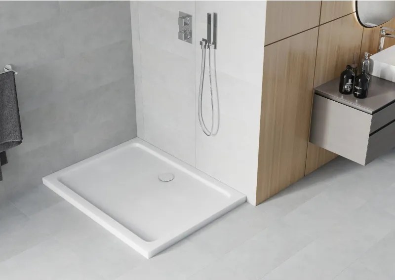 Mexen Flat правоъгълна тънка душ кабина 80 x 70 см, бяла, хромиран сифон - 40107080