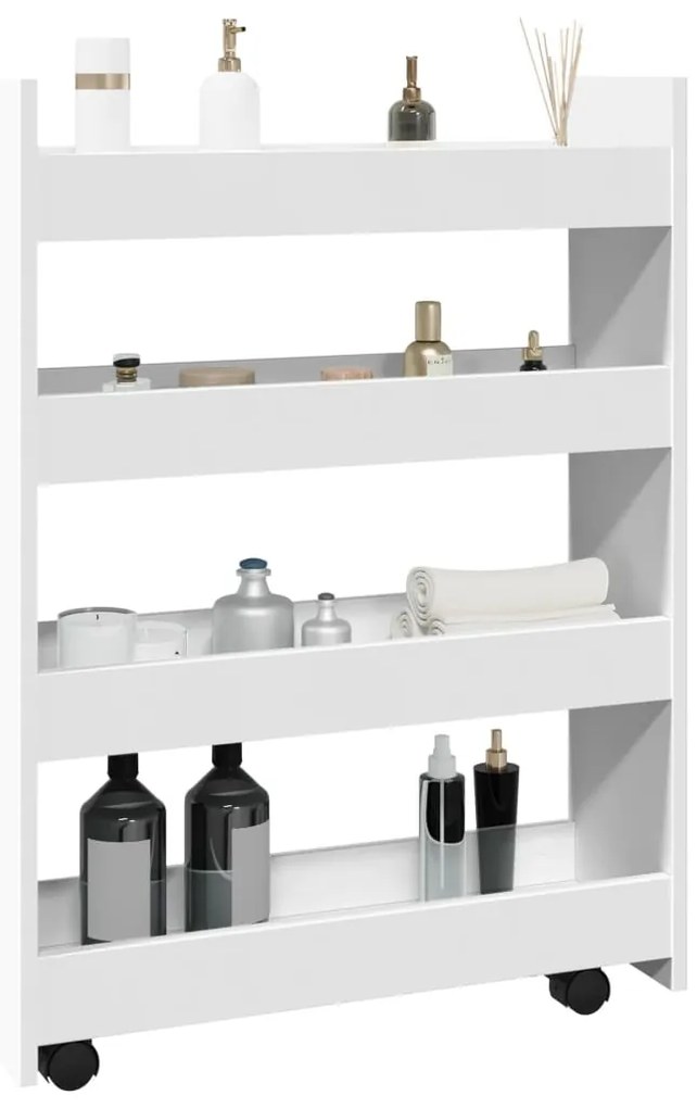 855259 vidaXL Тясна количка за съхранение с 4 нива, бяла, инженерно дърво