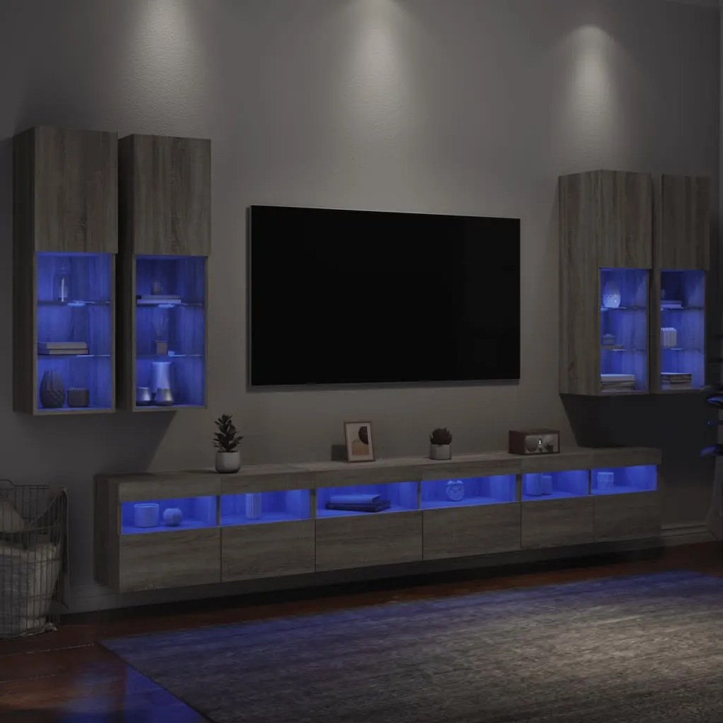 3216783 vidaXL Комплект ТВ стенни шкафове, 7 части, с LED светлини, сив сонома