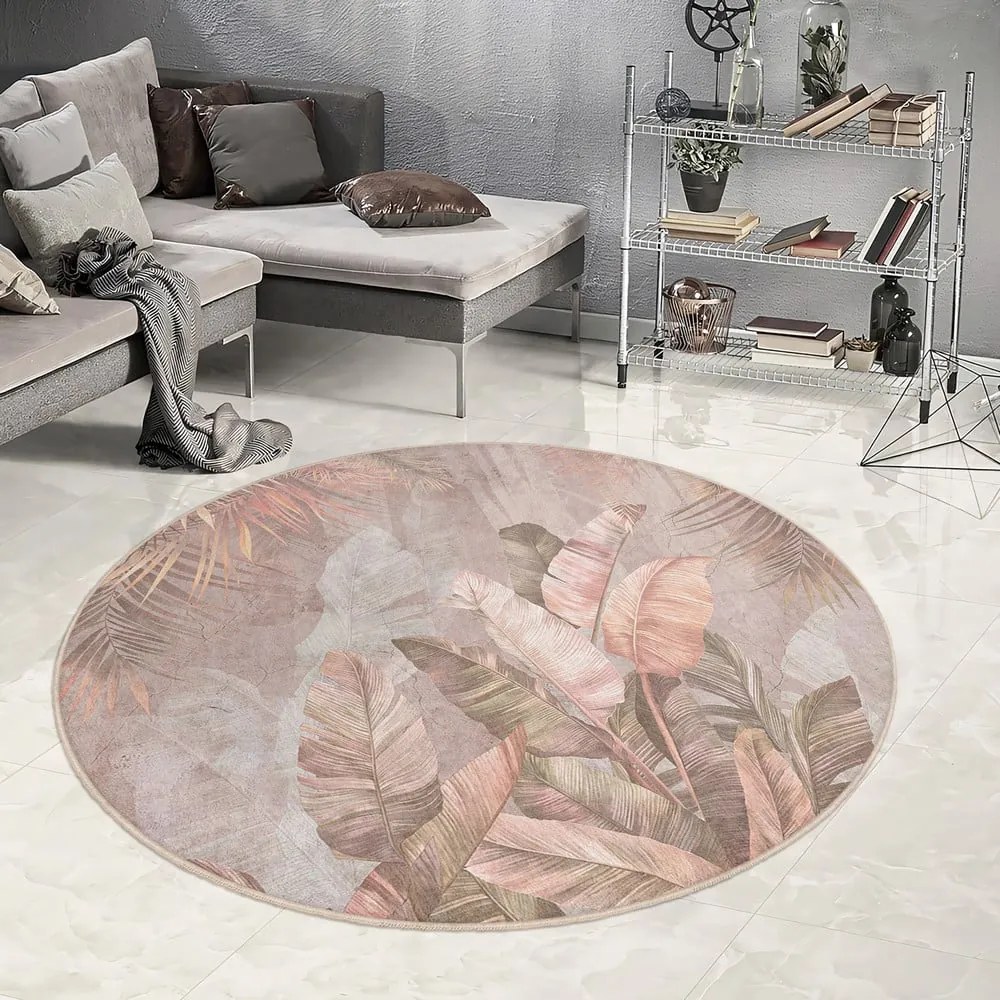 Светлорозов кръгъл килим подходящ за пране ø 150 cm Dusty Leaves – Mila Home