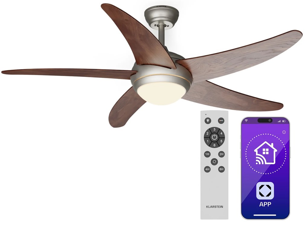 Klarstein Bolero 2 в 1 Smart, вентилатор за таван, Ø 132 cm, светлина 55 W, дистанционно управление, управление чрез приложение, двупосочно управление