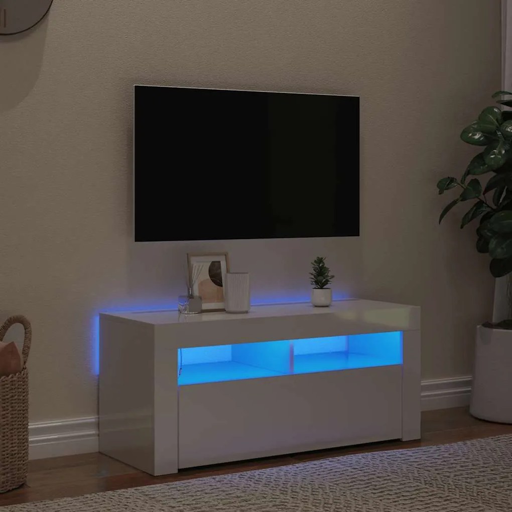 804325 vidaXL ТВ шкаф с LED осветление, бял гланц, 90x35x40 см