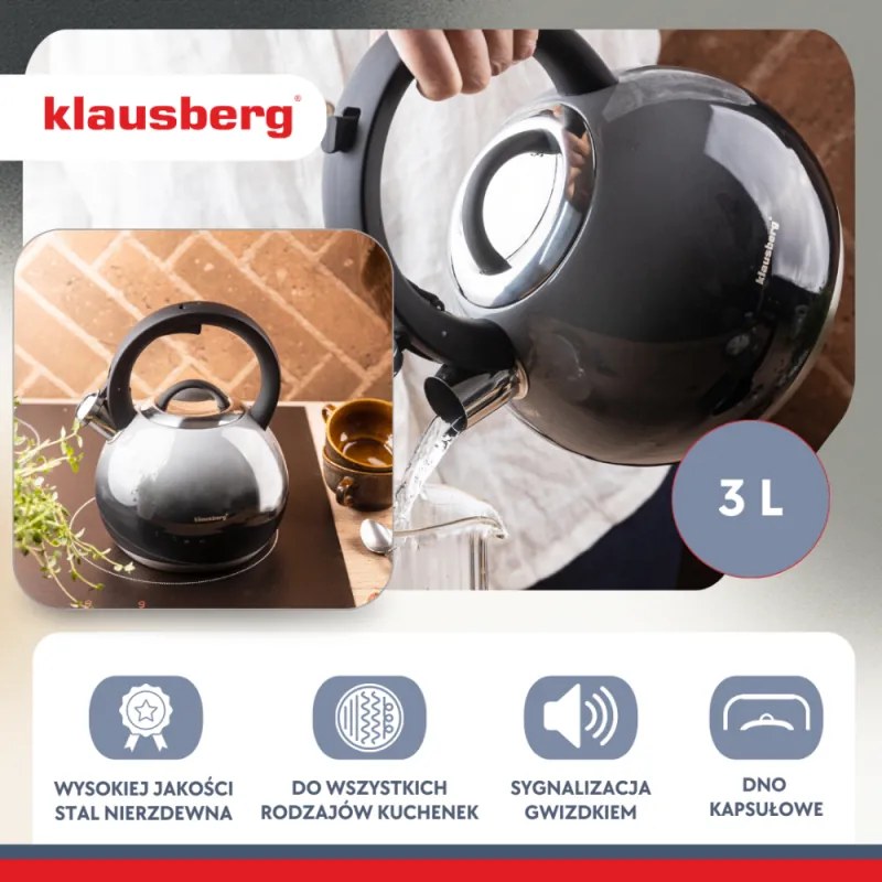Свирещ чайник Klausberg KB 7955, 3l, Термоизолирана дръжка, Многослойно дъно, Индукция, Тъмносив графит