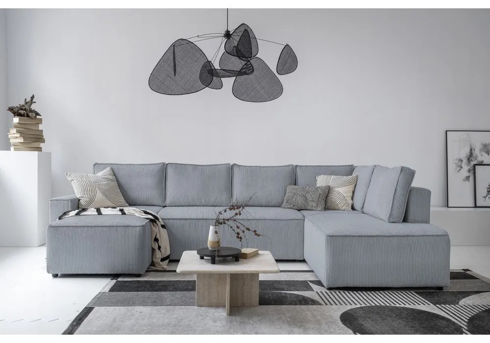 Светлосив разтегателен ъглов диван от рипсено кадифе (десен ъгъл/"U" форма) Brave Dave – Miuform