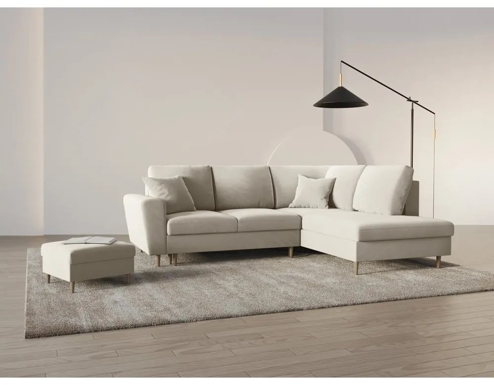 Бежов кадифен разтегателен ъглов диван с място за съхранение (десен ъгъл/L форма) Kyoto – Cosmopolitan Design