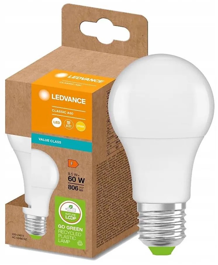 LED крушка A60 E27/8,5W/230V 2700K от рециклиран пласт - Ledvance