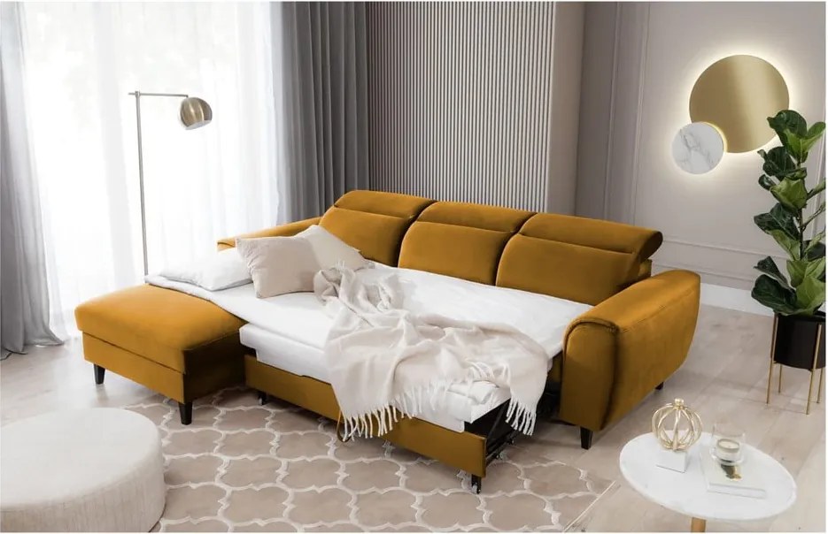 Жълт кадифен разтегателен ъглов диван с място за съхранение (ляв ъгъл) Foble – ELTAP