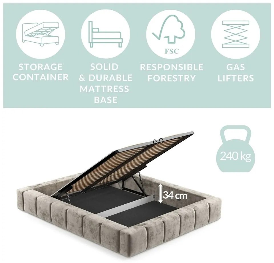 Кафяво тапицирано двойно легло с място за съхранение с включена подматрачна рамка 160x200 cm Aruba L – Maison de Rêve