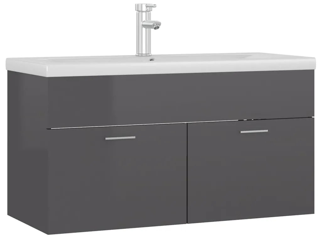 3071296 vidaXL Шкаф за баня с вградена мивка, сив гланц, инженерно дърво