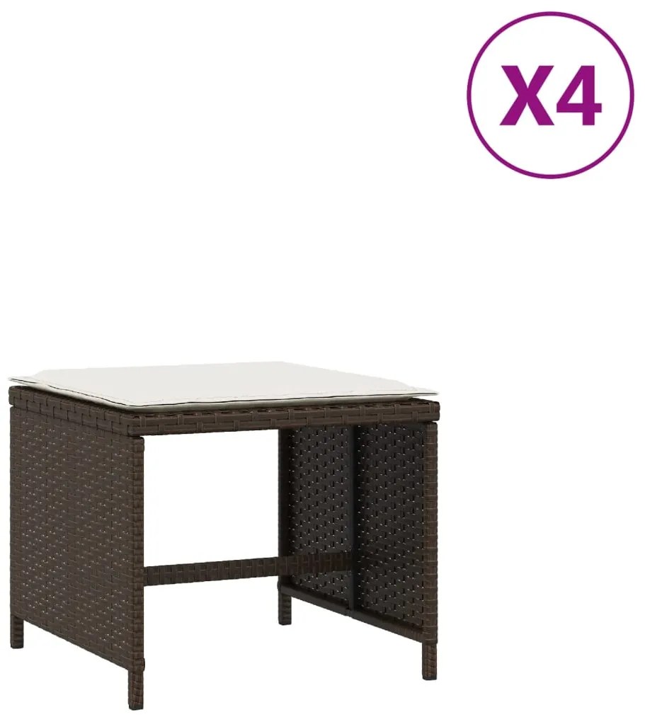 4007486 vidaXL Външни табуретки с възглавници 4 бр кафяв 40x40x35 см полиратан