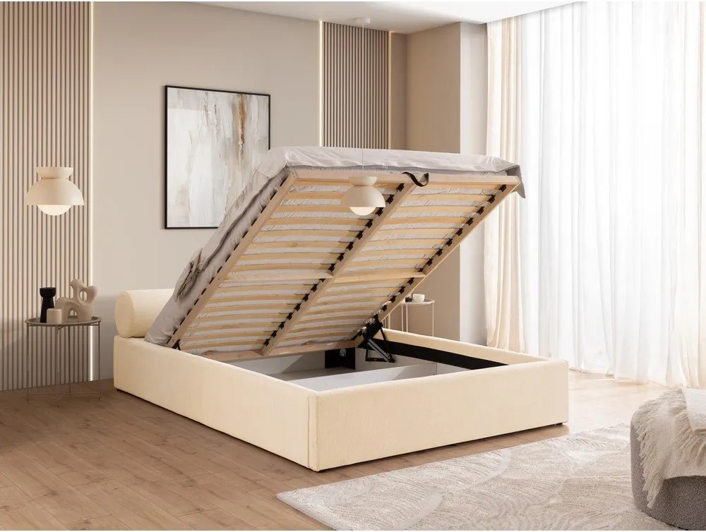 Кремаво тапицирано двойно легло с място за съхранение и включена подматрачна рамка 160x200 cm Cille – Ropez
