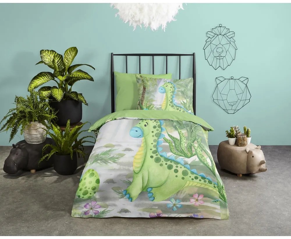 Зелено единично удължено памучно детско спално бельо 140x220 cm Dani – Good Morning