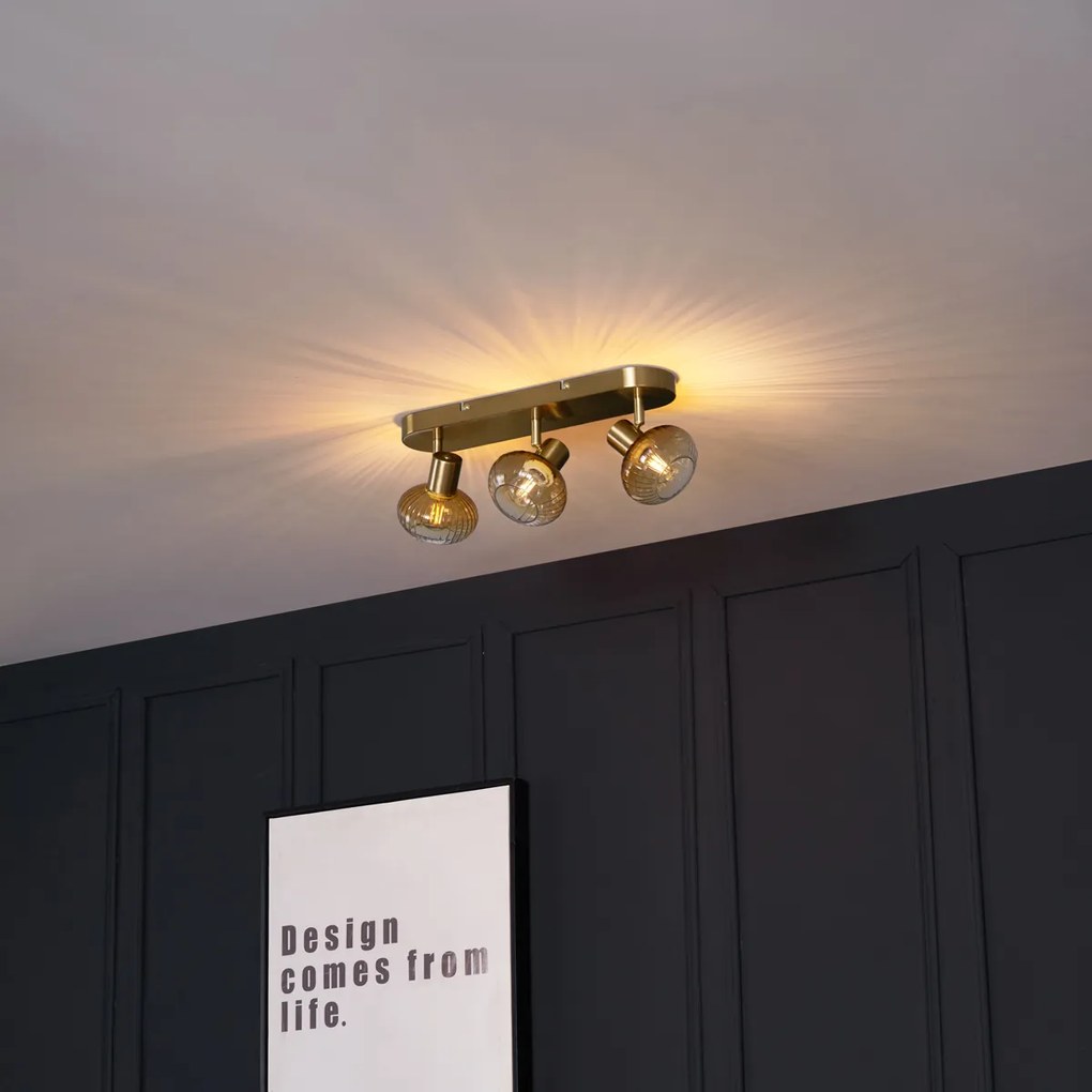 Кръгла таванна лампа златна с кехлибарено стъкло 3-светлинна - Теди