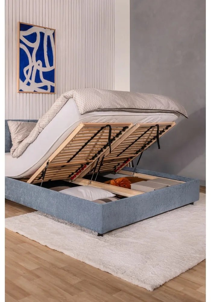 Синьо тапицирано двойно легло с място за съхранение и включена подматрачна рамка 160x200 cm Myra Slim Line – Bonami Selection