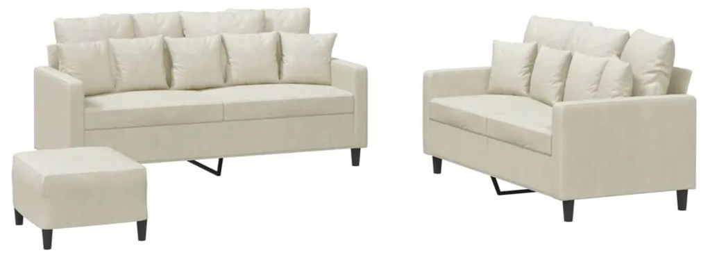 3201718 vidaXL Комплект дивани от 3 части с възглавници, кремав, кадифе