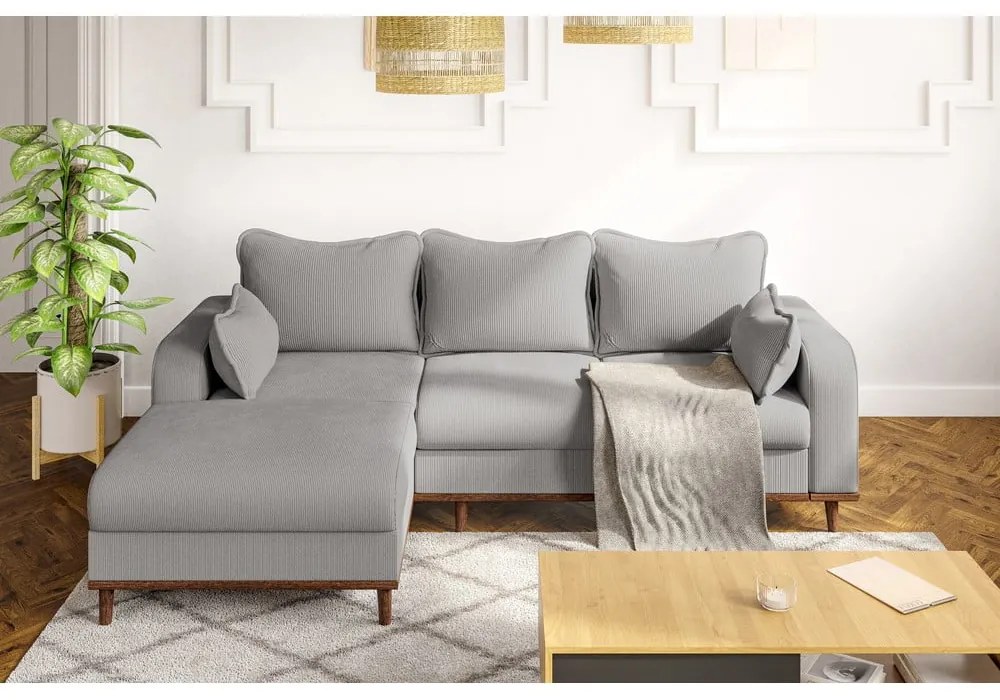 Светлосив ъглов диван от рипсено кадифе (ляв ъгъл) Beata – Ropez