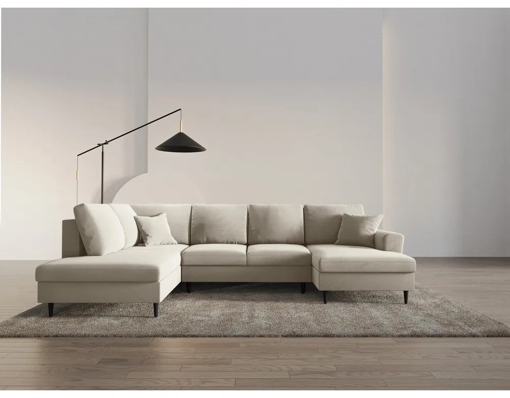 Бежов кадифен разтегателен ъглов диван с място за съхранение (ляв ъгъл/U форма) Kyoto – Cosmopolitan Design