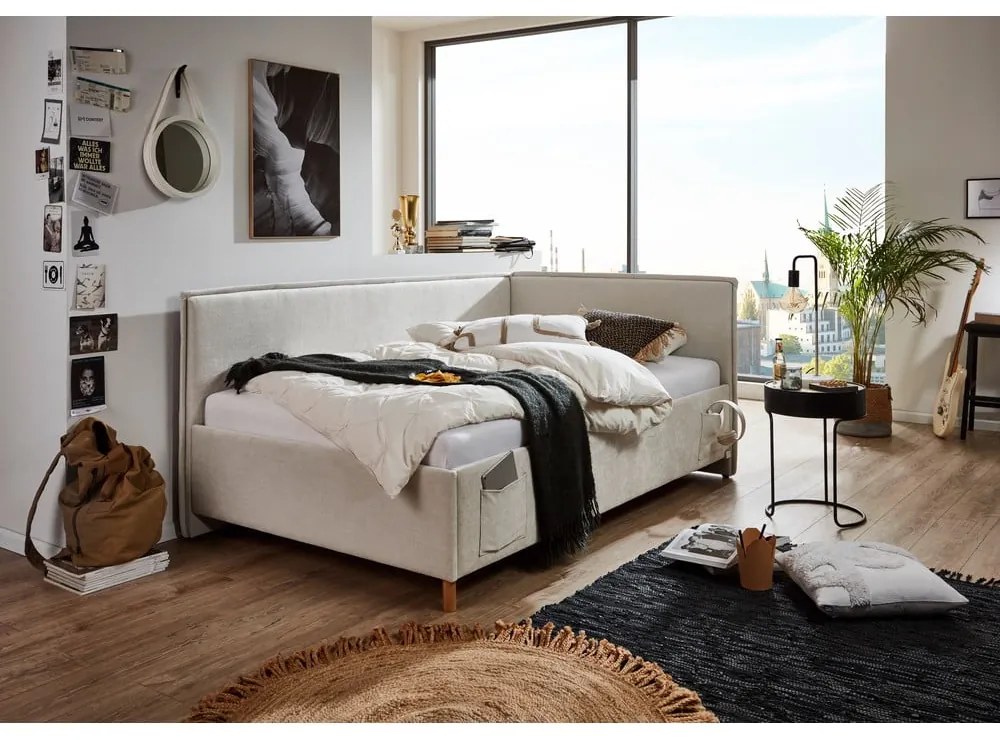 Бежово тапицирано ъглово детско легло 90x200 cm без ламелно дъно Fun – Meise Möbel