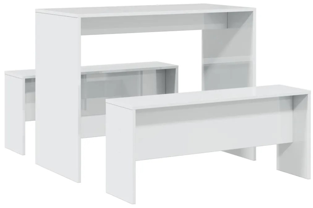 855534 vidaXL Трапезна маса и пейки, 3 части, бял гланц, инженерно дърво
