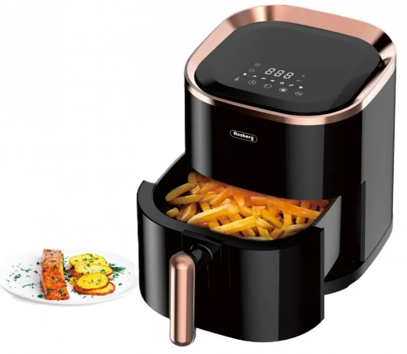 Фритюрник с горещ въздух AirFryer Rosberg R51980Z, 1200W, 3.5 л, 7 програми, Таймер, Черен/златист